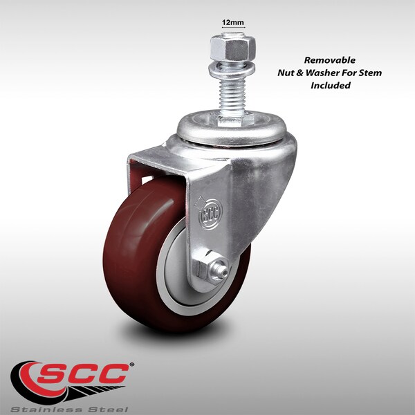 3 Inch SS Maroon Polyurethane Wheel Swivel 12mm Threaded Stem Caster SCC